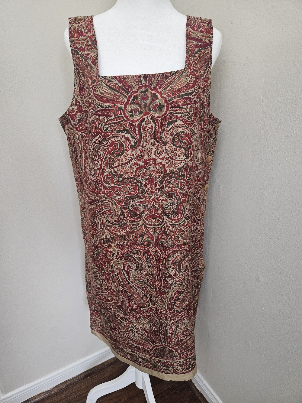 Jones New York Red and Cream Paisley Square-Neck Midi Dress